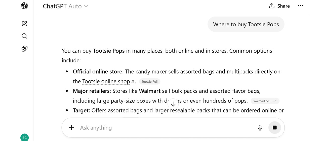 screenshot of chatgpt asking where to buy tootsie pops.