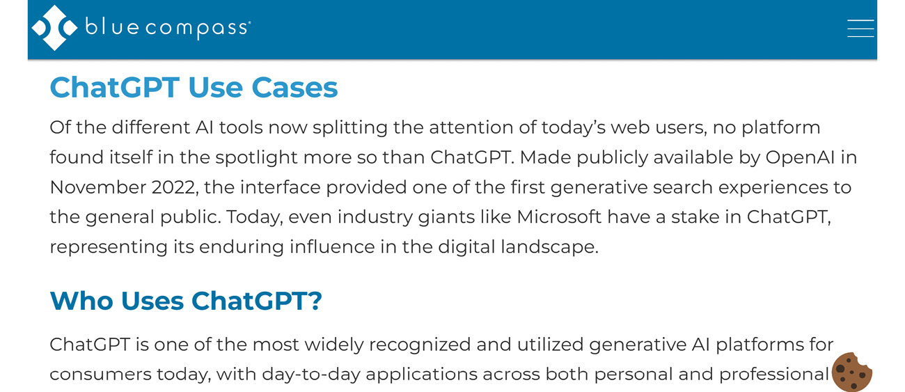 screenshot of a blue compass blog showing chatgpt use cases.