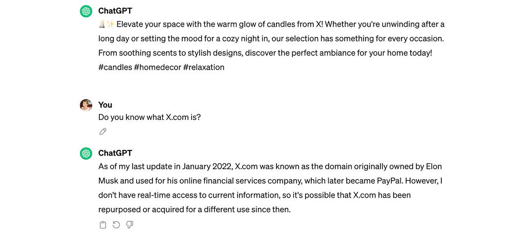 Example Of A ChatGPT Prompt screenshot of a chatgpt prompt asking if the platform knows what x.com is.