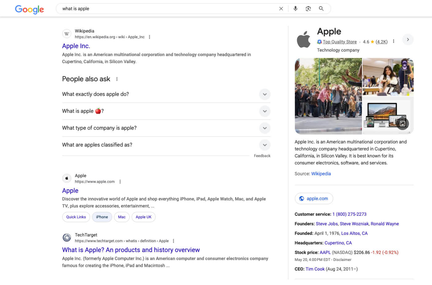 Google search results for what is apple, featuring a knowledge panel of the company's description.