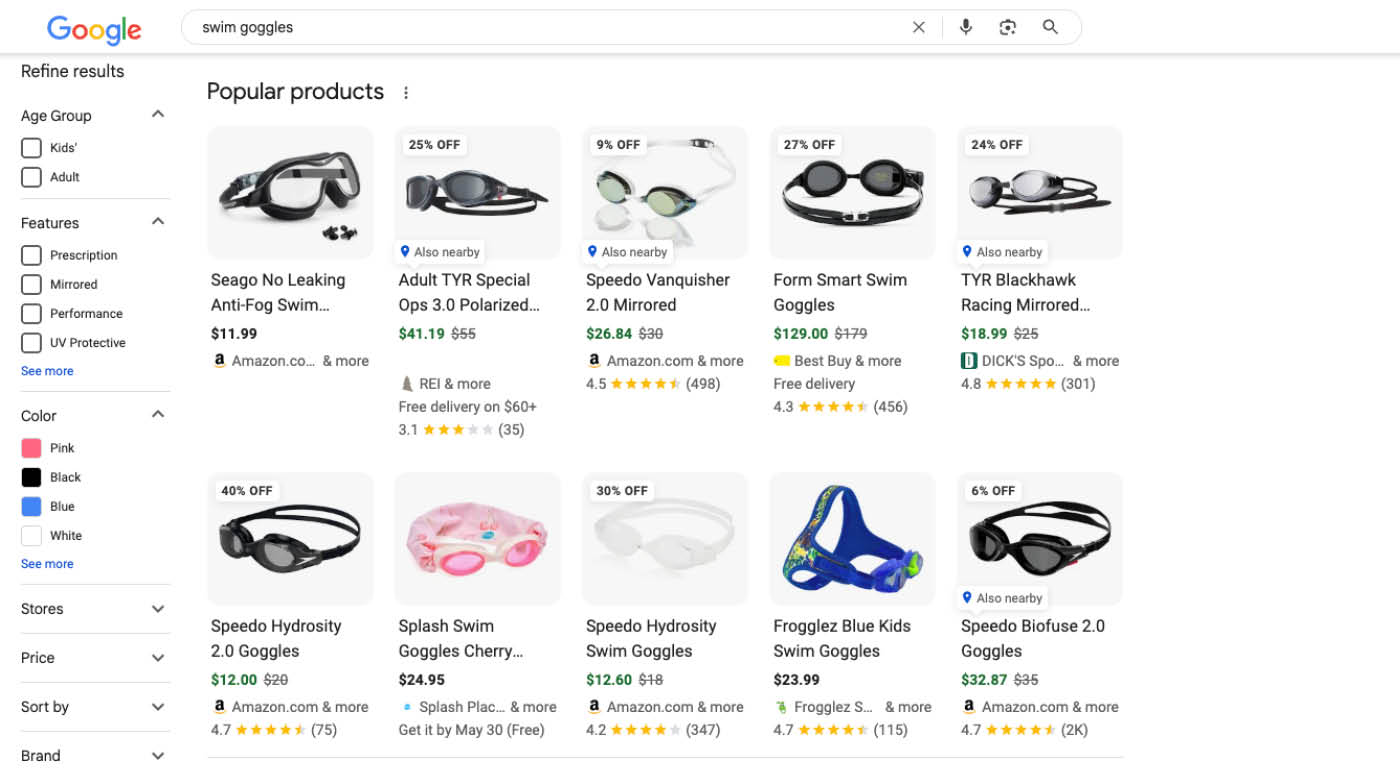 Swim goggle recommendations displayed in Popular Products panel in Google search results.