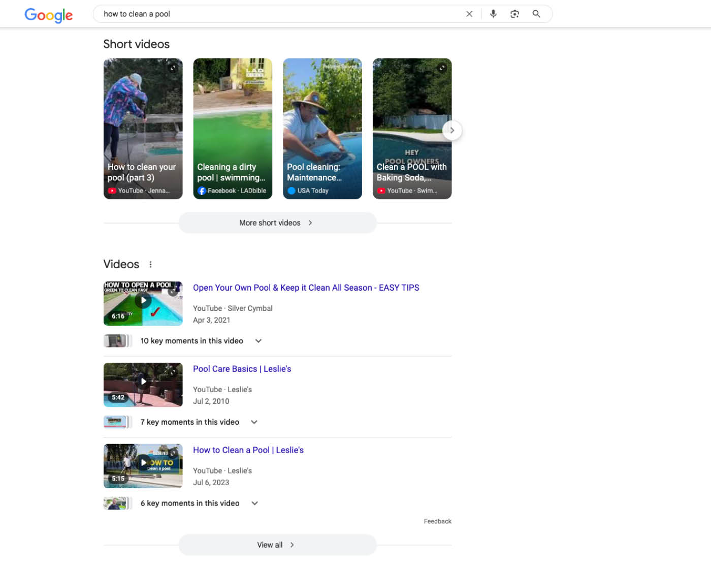 Video results for How to Clean A Pool search in Google.