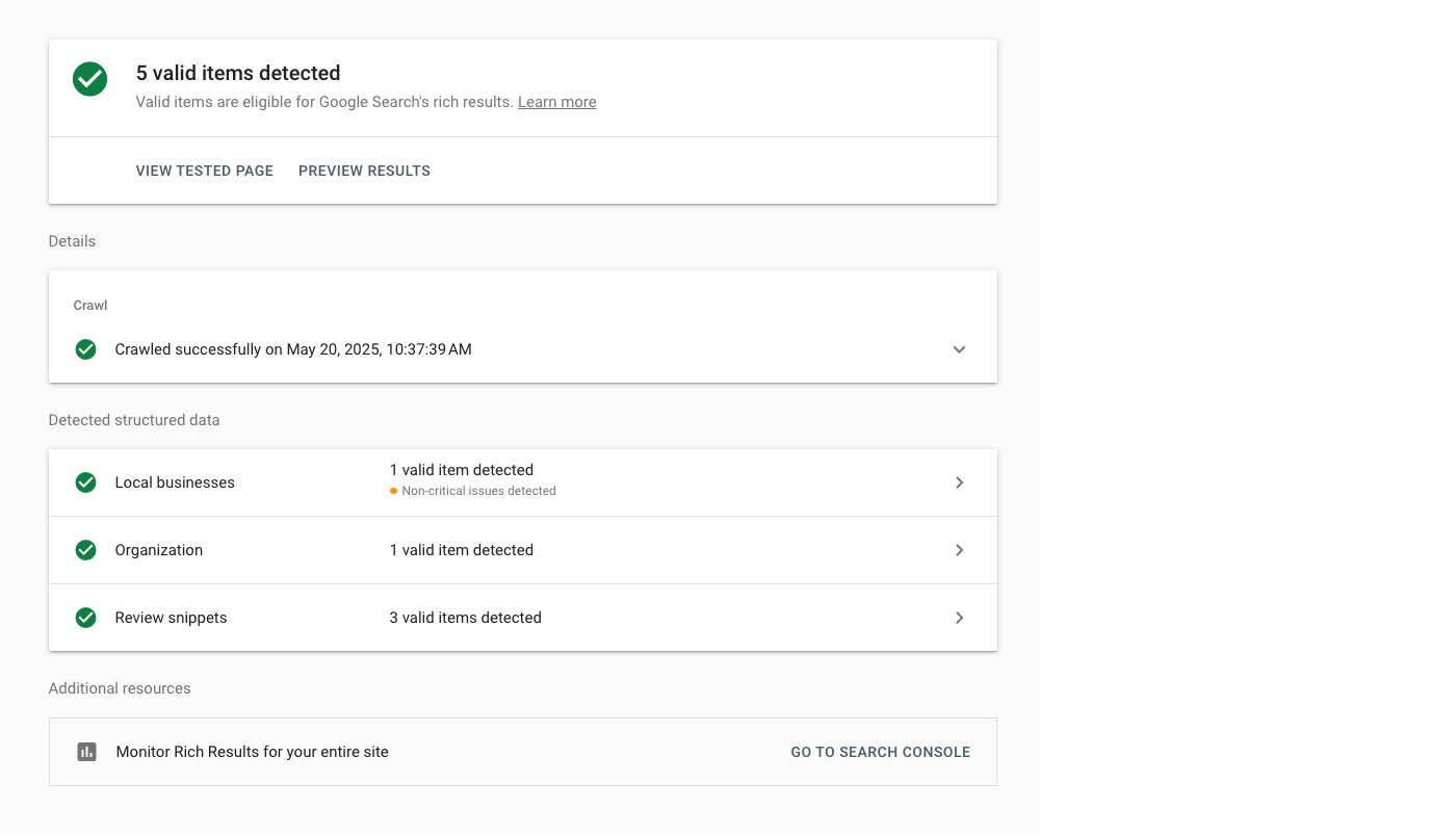 Schema validator results revealing green checkmarks and the type of schema detected.