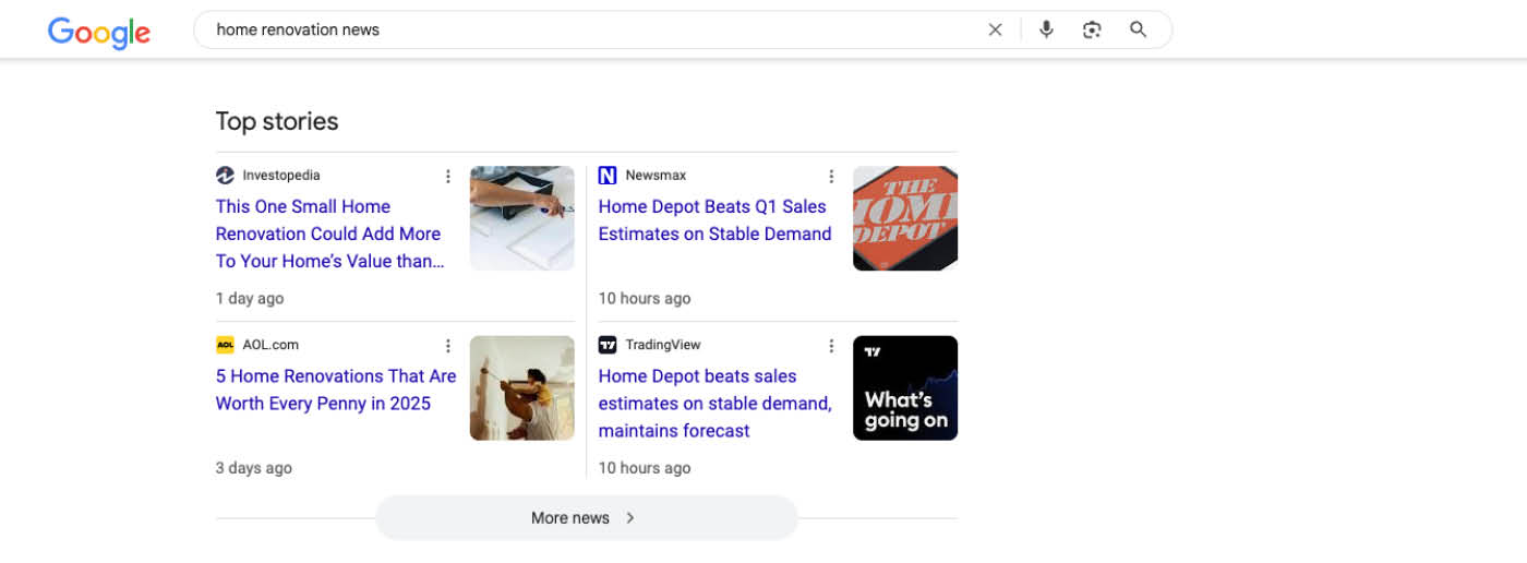 Top stories rich result displaying in Google for home renovation news search.