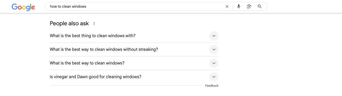 People Also Ask Google search results for how to clean windows.