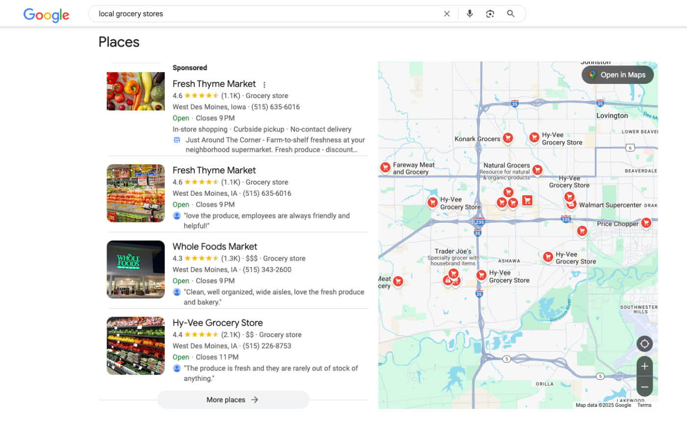 Local grocery store recommendations displayed in Google search results places panel.